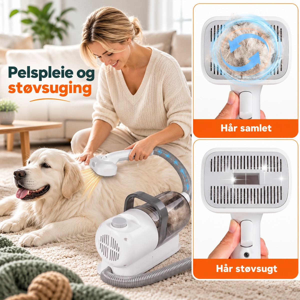 Stillegående pelsstellsett for røyting med støvsuger