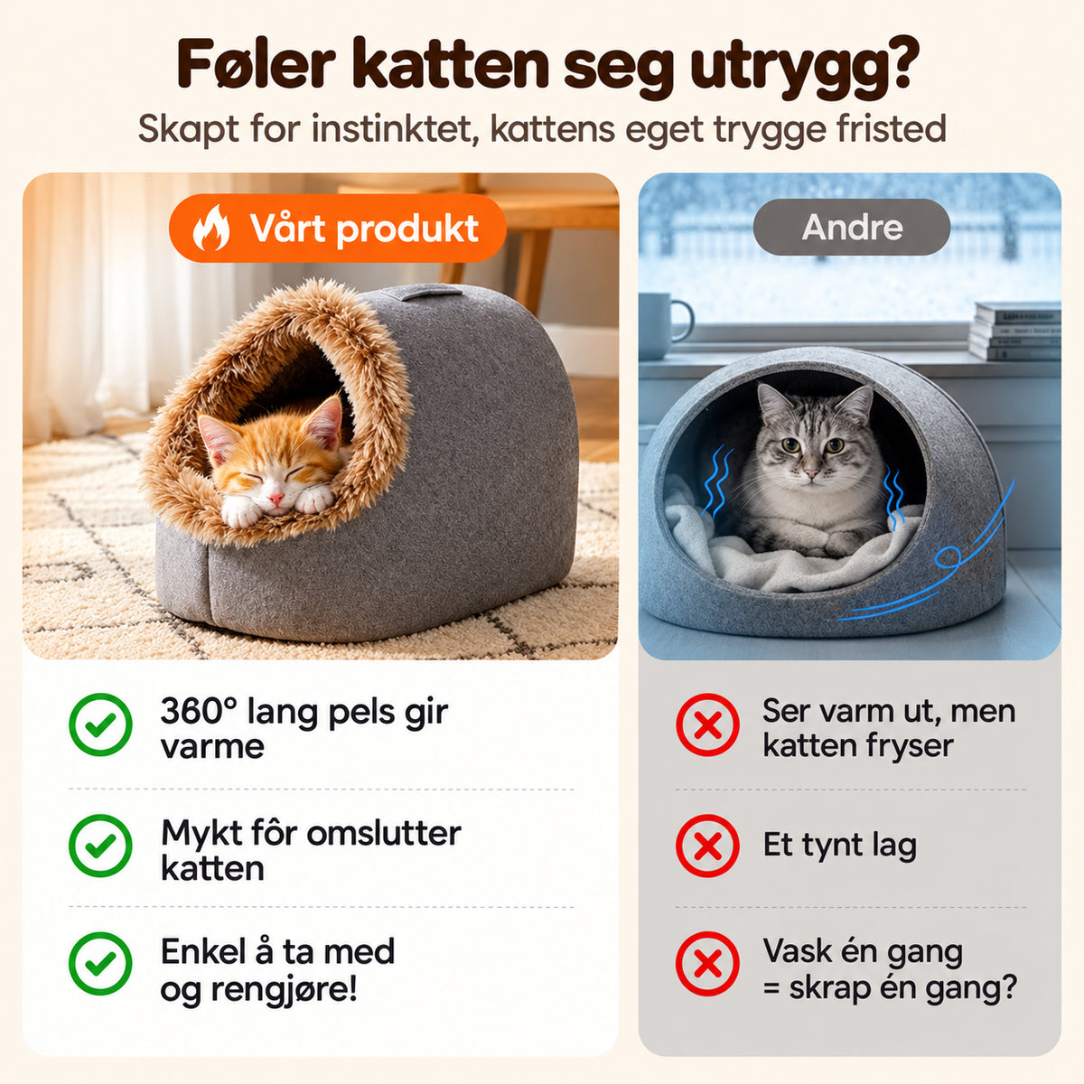 Lun hulseng for katter og små hunder med avtakbar pute