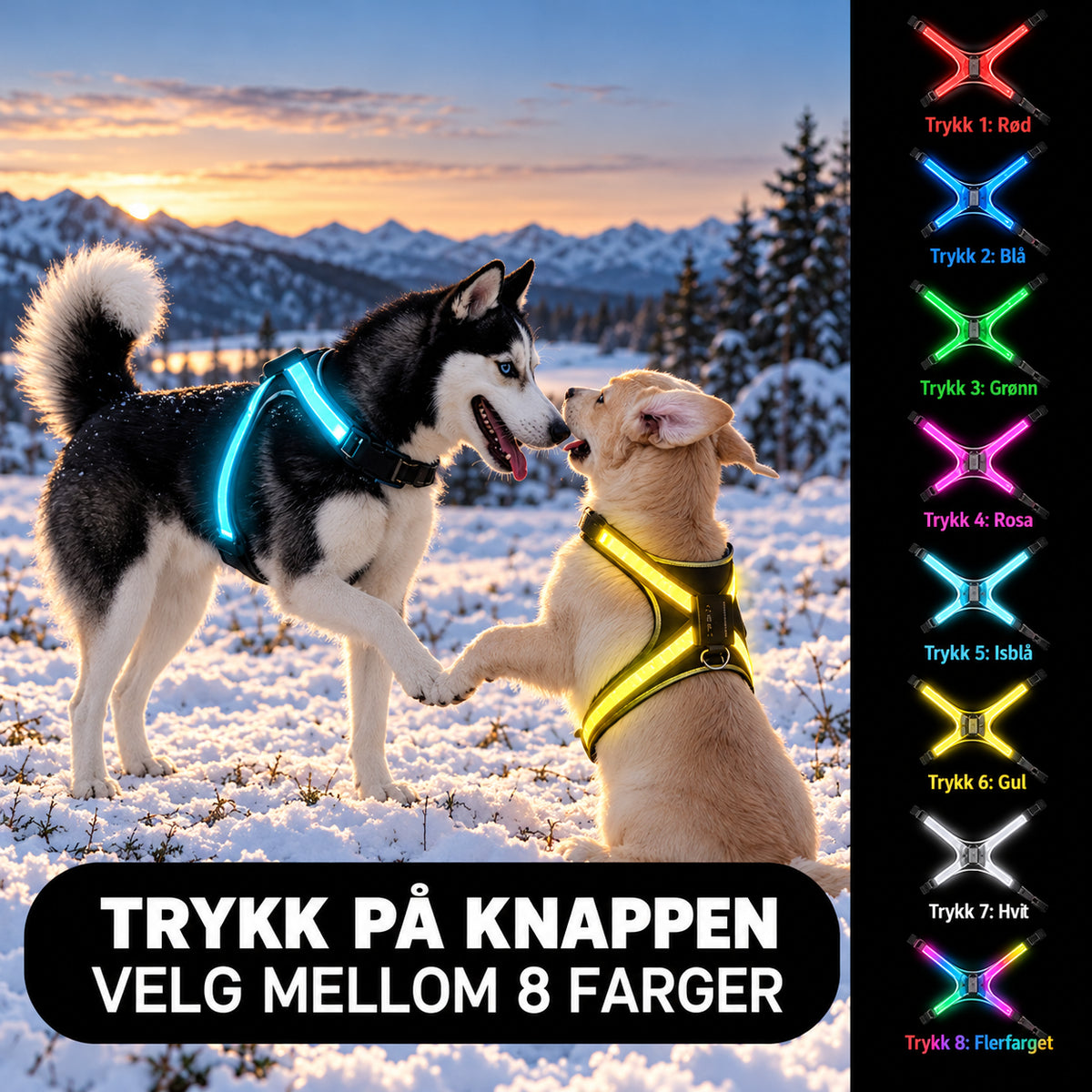 Lysende hundesele for kveldsturer med 8 LED-farger