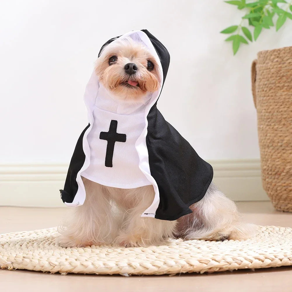 Morsomt nonnekostyme til kjæledyr for halloween med hette