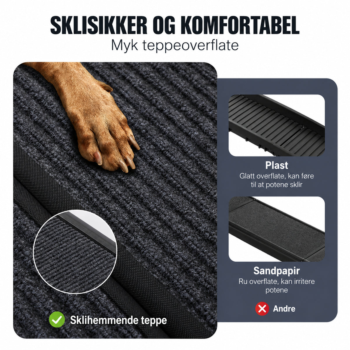Lett hunderampe for bil og SUV med sklisikkert teppe