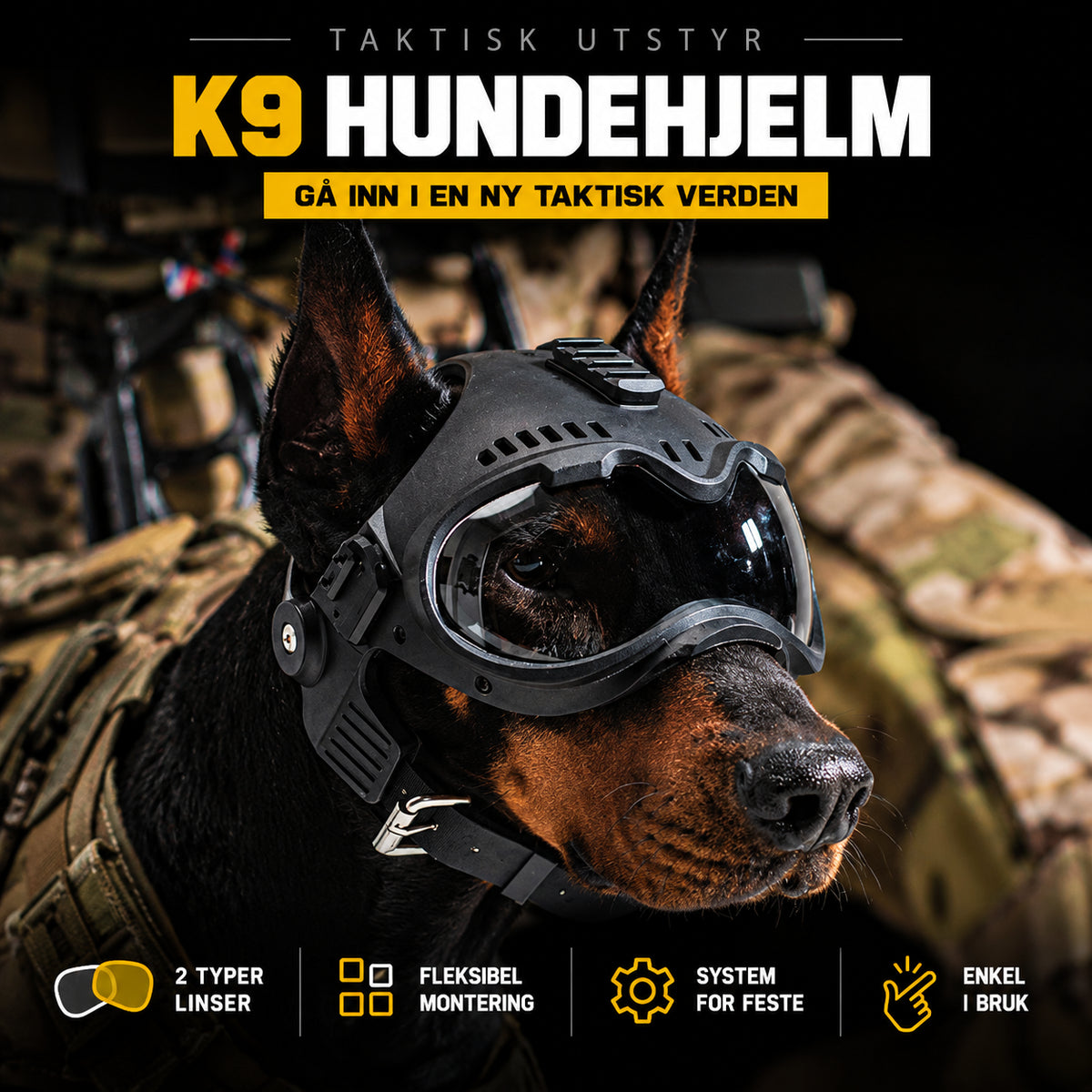 Tøff taktisk hjelm til hund for tur og foto med briller