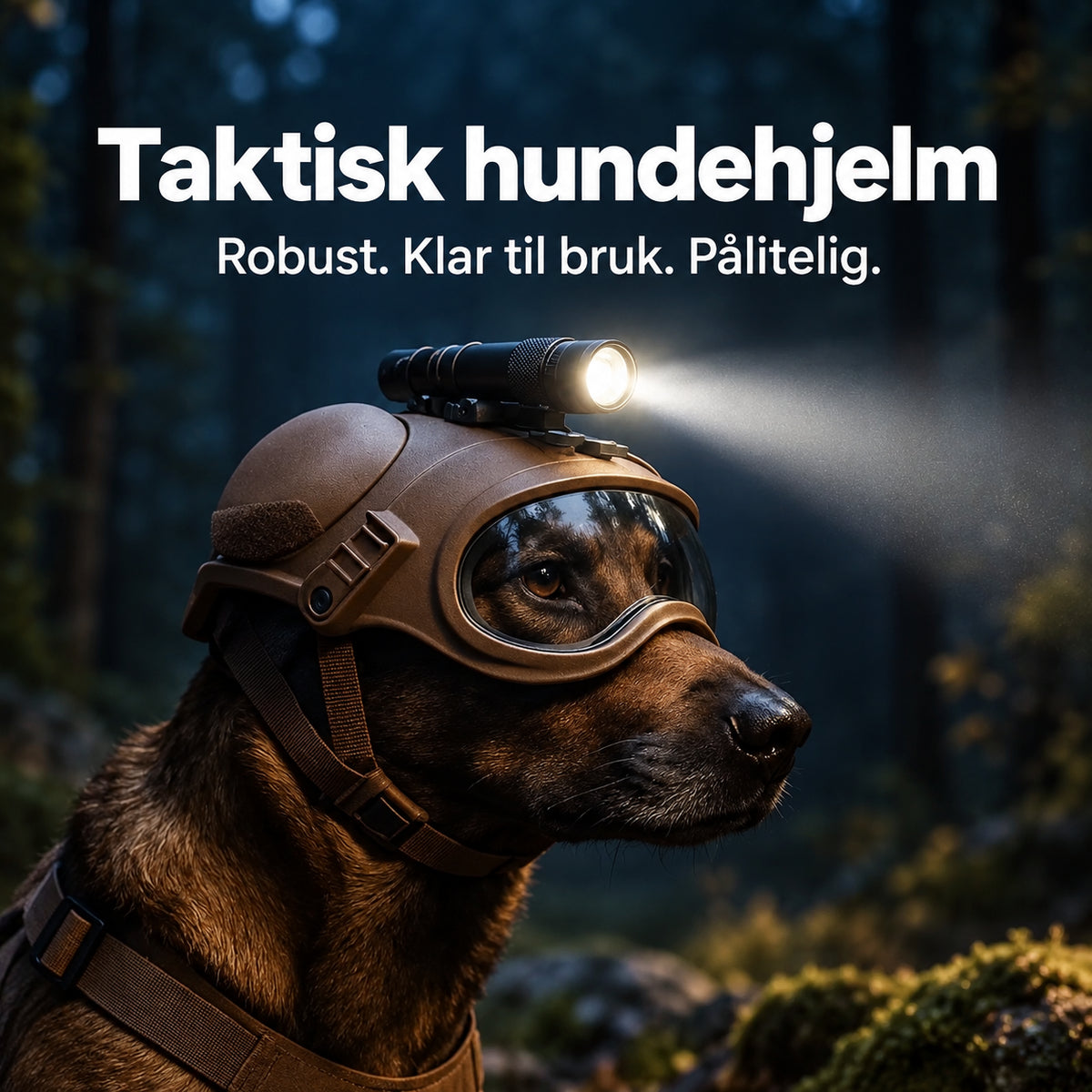 Tøff taktisk hjelm til hund for tur og foto med briller