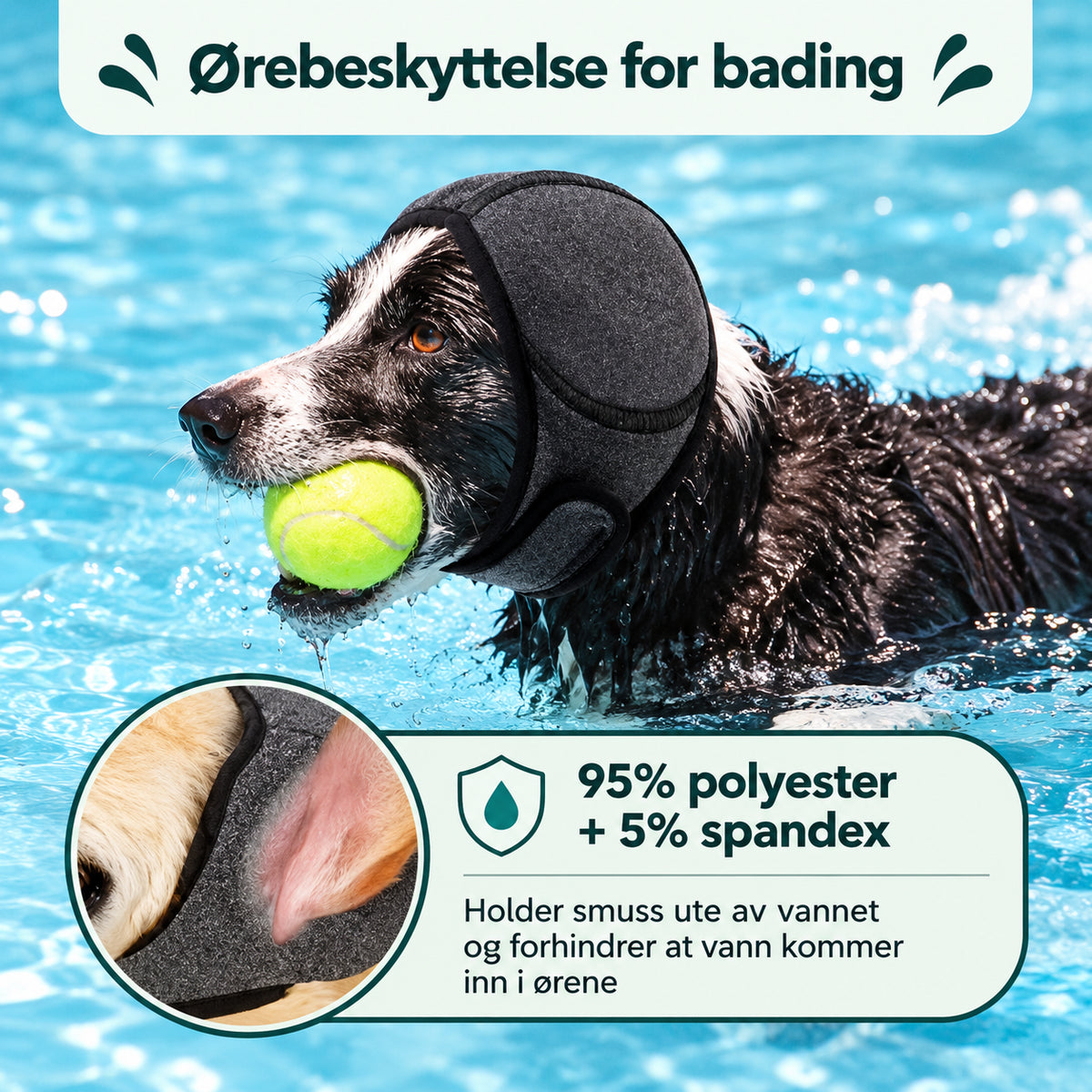 Myk ørehette til hund for bad og stell med lyddemping