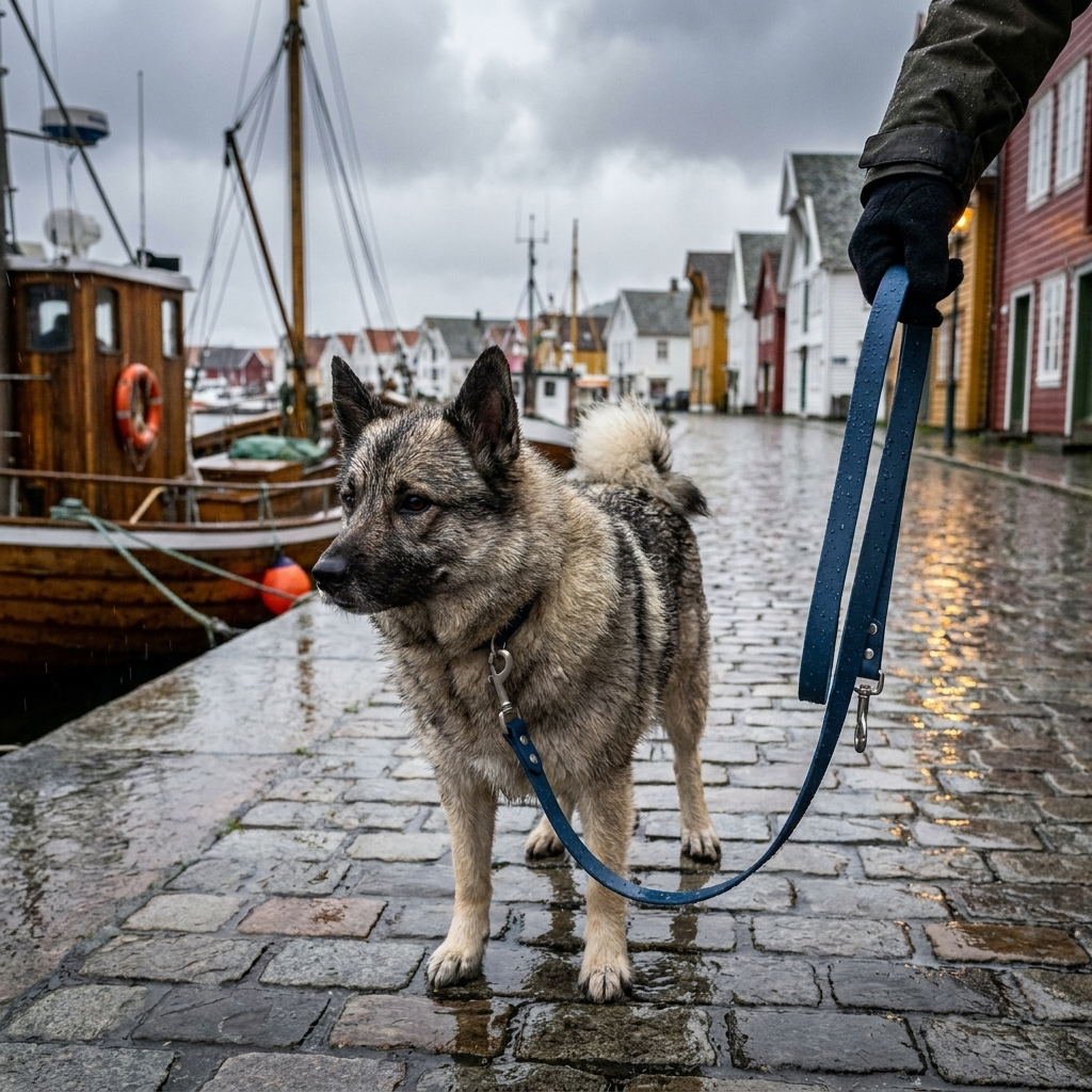 Hund i vanntett bånd på regnvær i byen