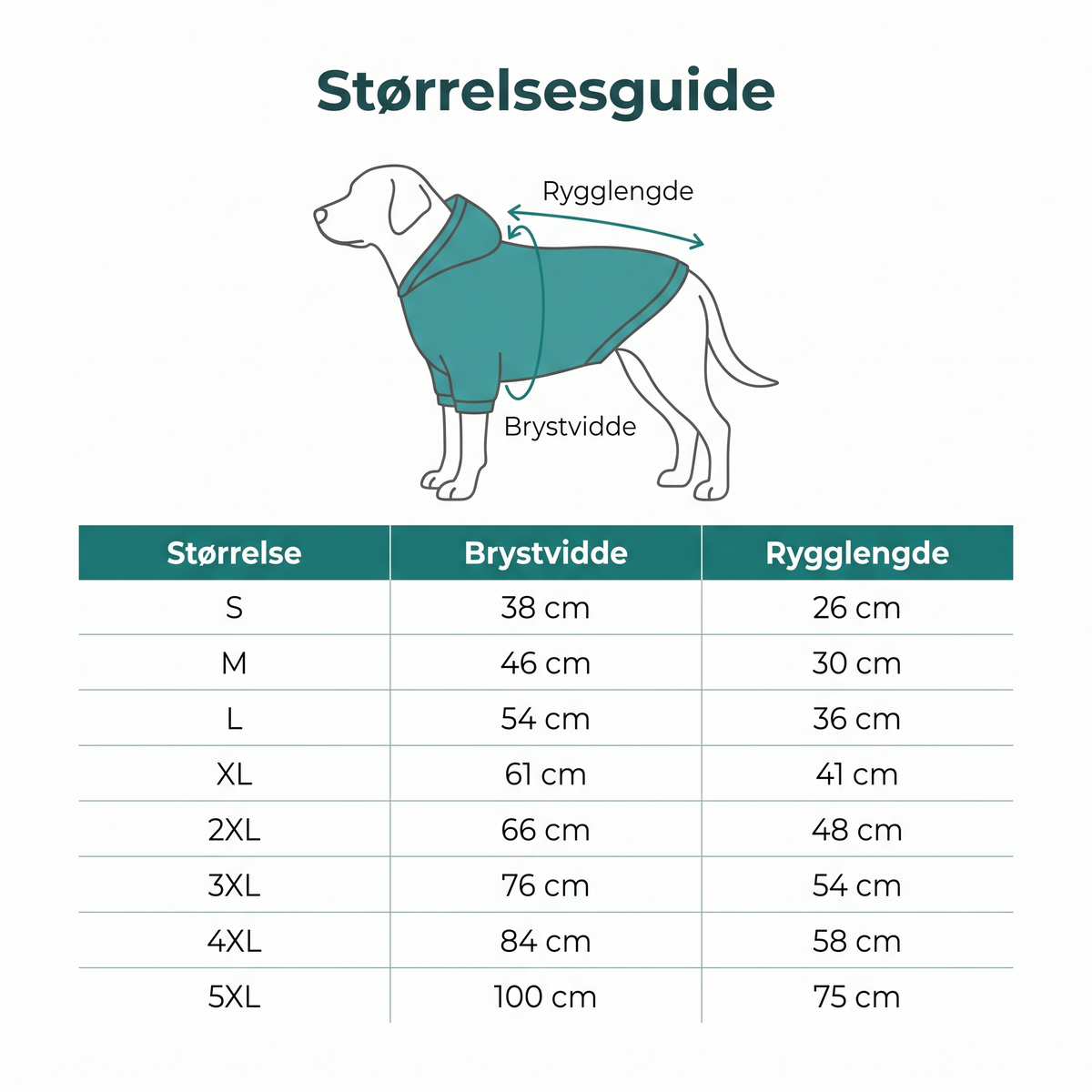 Myk hettegenser til hund, størrelsesguide