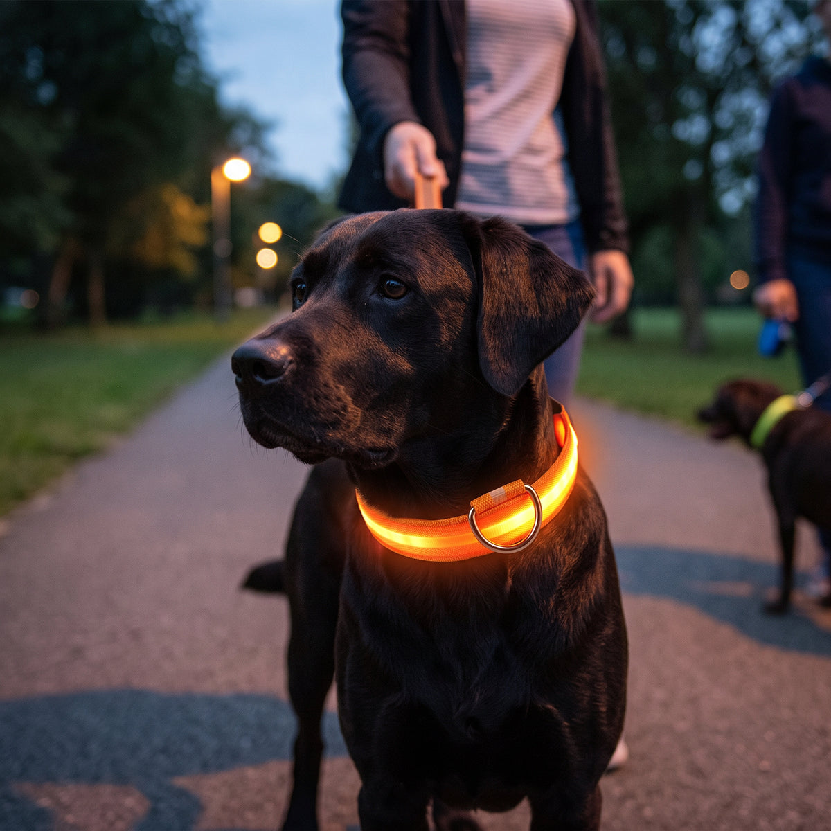 Lysende halsbånd til hund for kveldsturer med LED-lys – Oransje