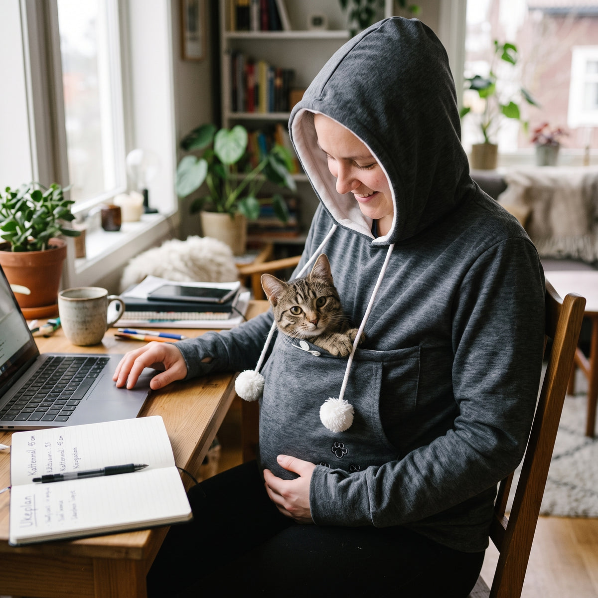 Hettegenser med lomme til katten – Mørkegrå