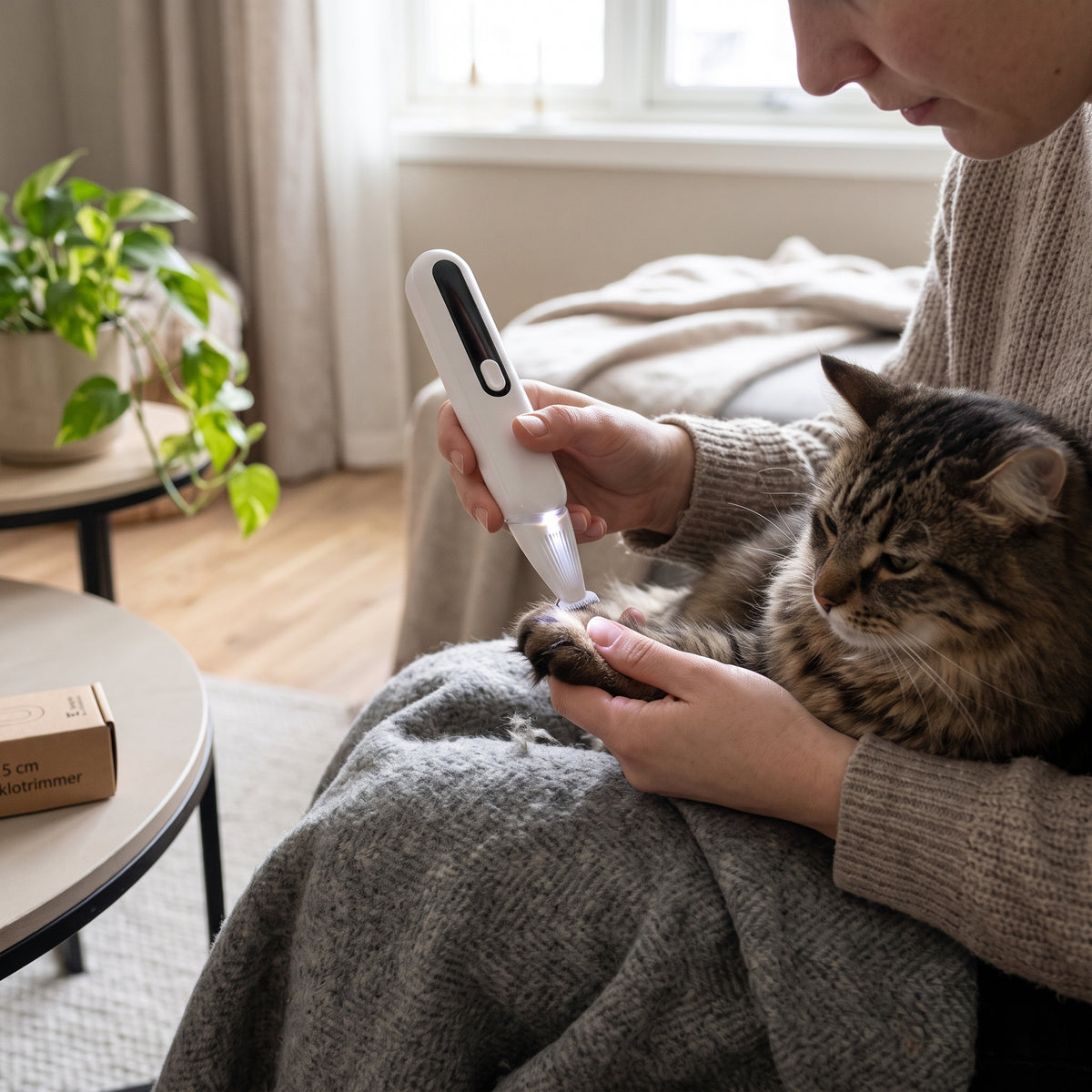 Potetrimmer med LED-lys i bruk på katt
