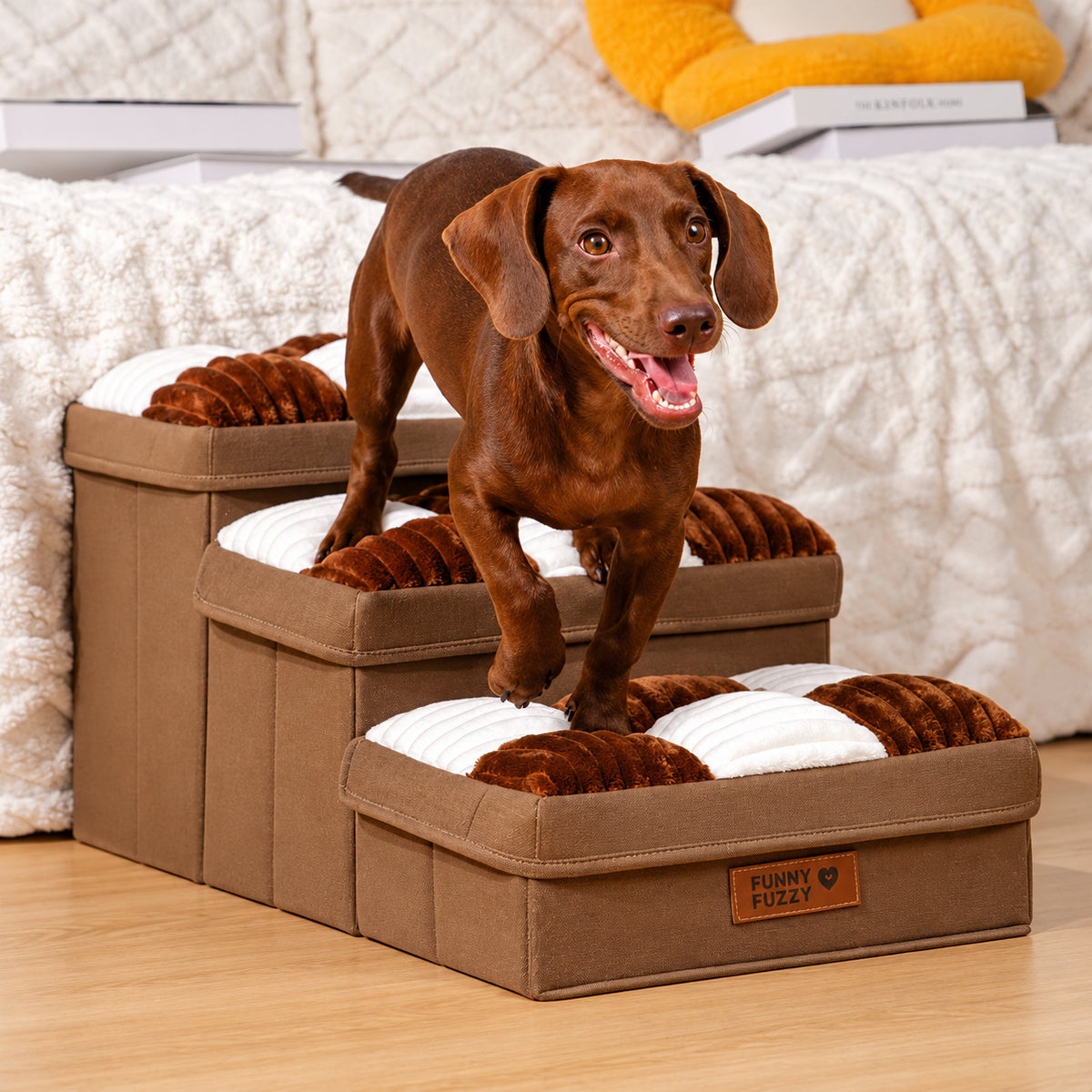 Rutete hundetrapp for sofa og seng med skjult oppbevaring