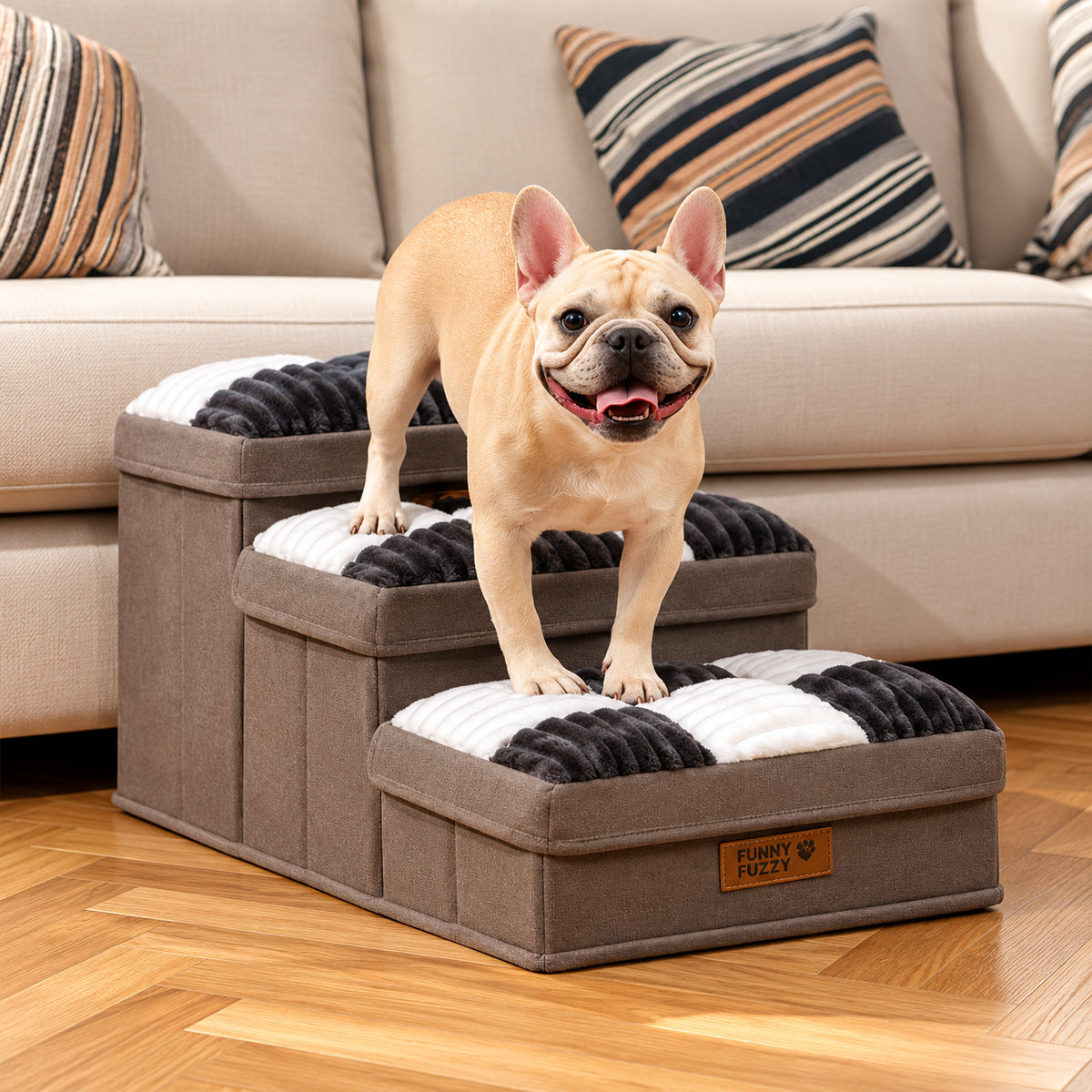 Rutete hundetrapp for sofa og seng med skjult oppbevaring