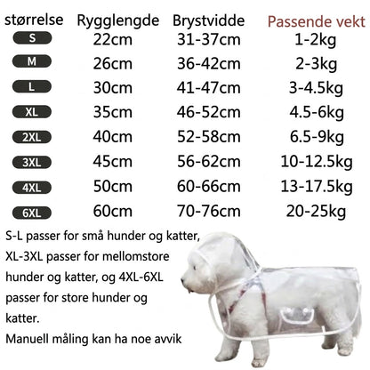 Gjennomsiktig regnjakke til hund for våte turer med hette