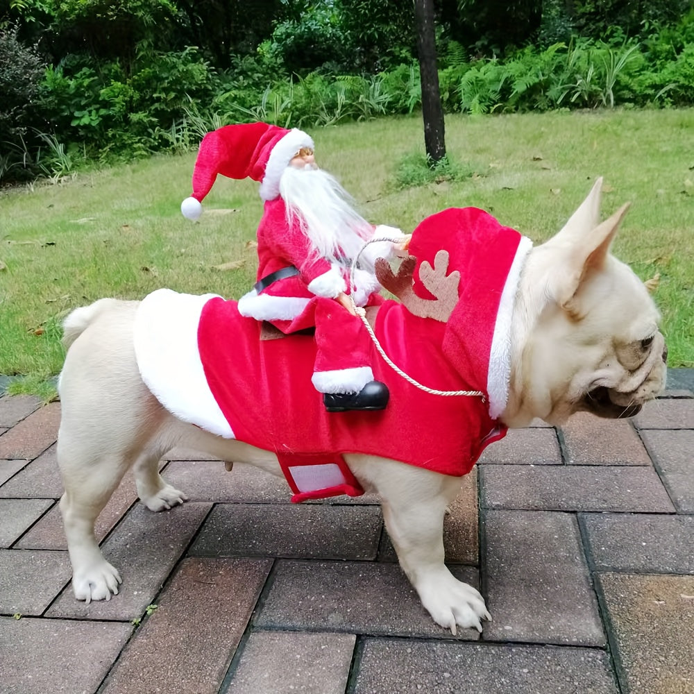 Morsomt julekostyme til hund for jula med nisse på ryggen