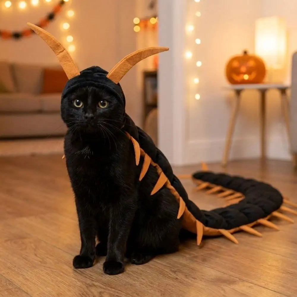 Søtt tusenbeinkostyme til katt for halloween med antenner