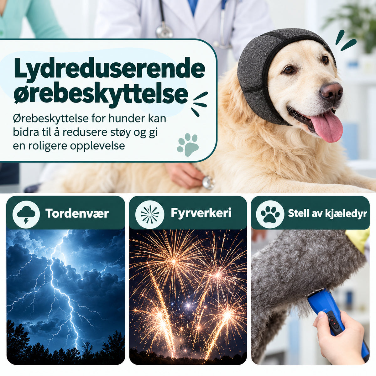 Myk ørehette til hund for bad og stell med lyddemping