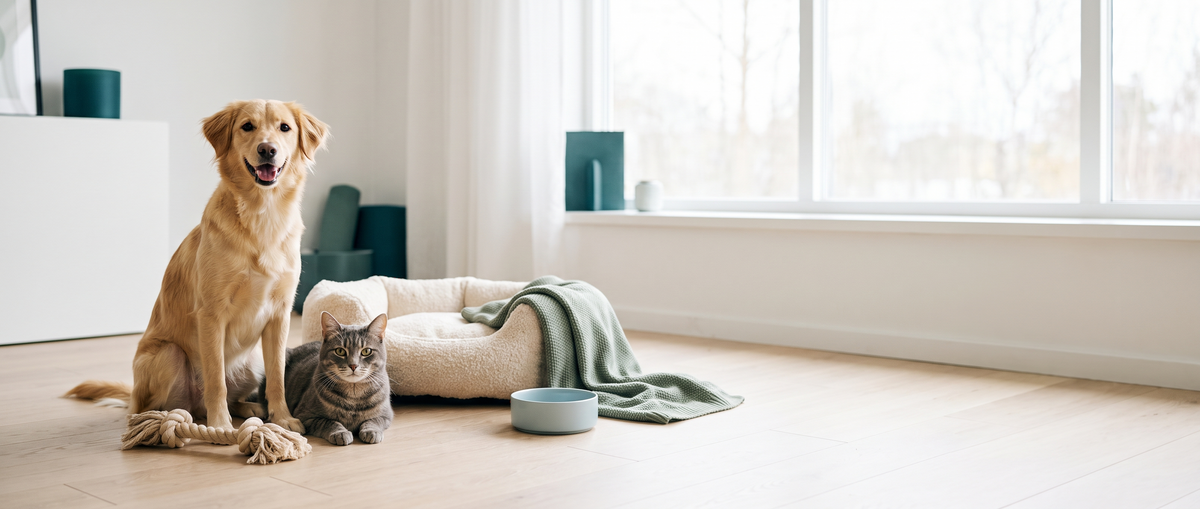 Hund og katt hviler sammen på gulvet i en lys stue, omgitt av leker, seng og matskål