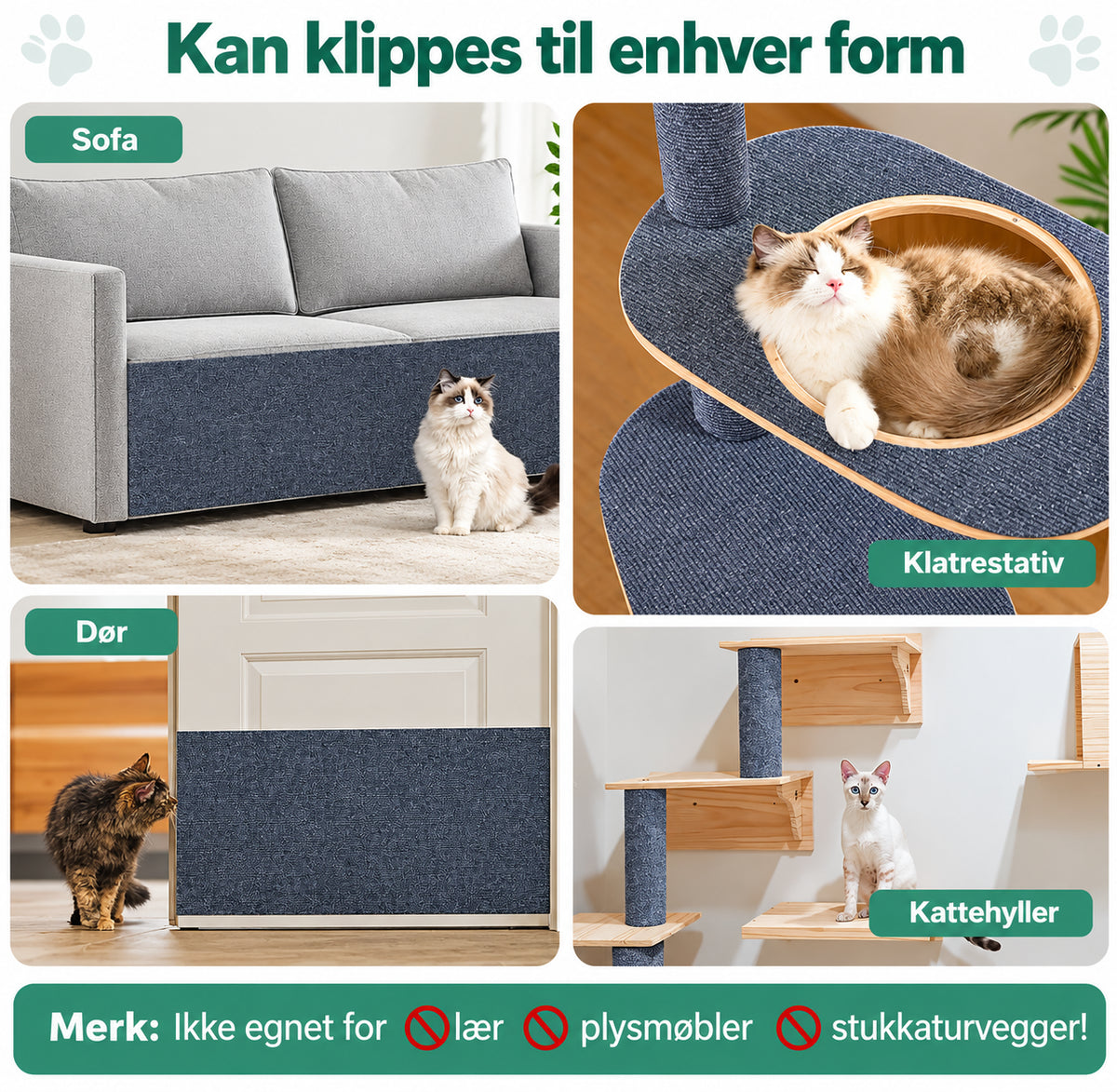 Selvklebende klorematte til katt for vegg med klippbar form