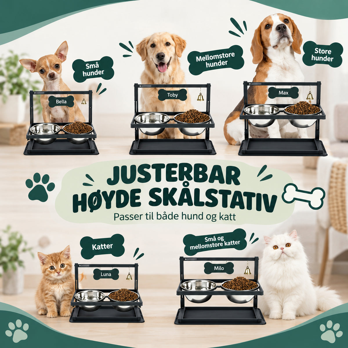 Justerbart matstativ til hund for måltider med stålskåler