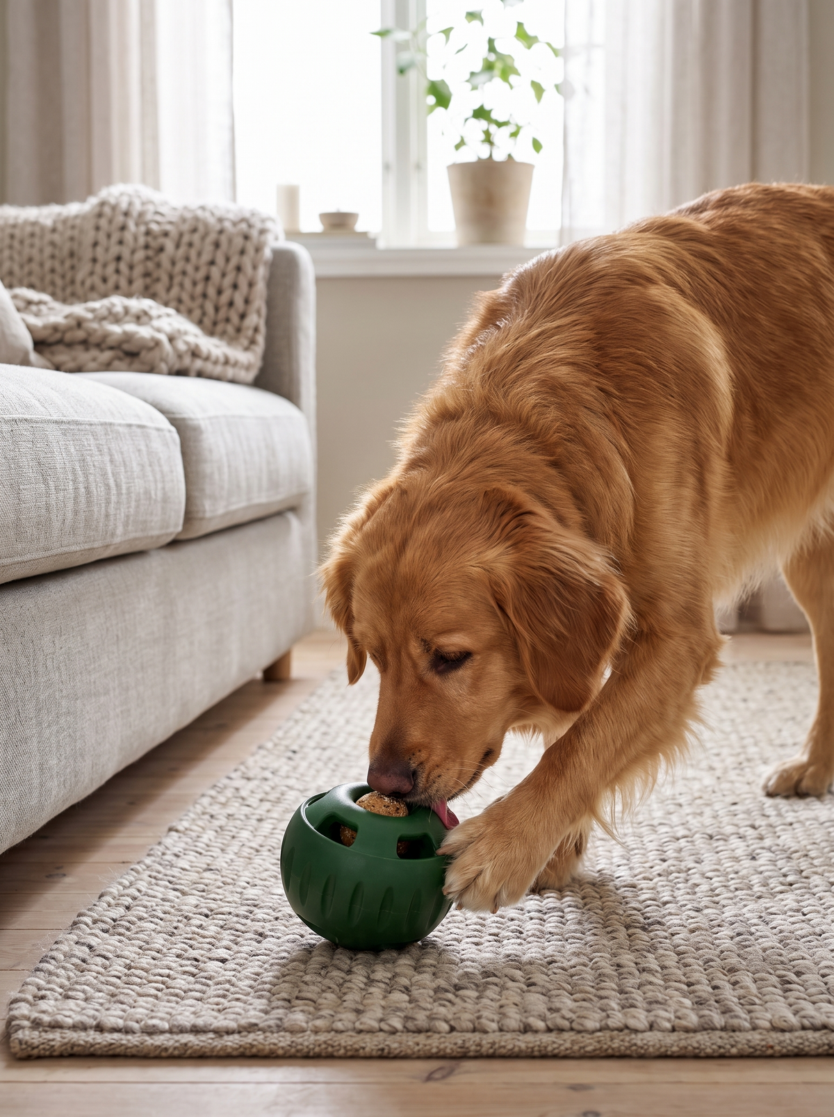 Hund som slikker pa Aktiv Godbitball pa gulvet