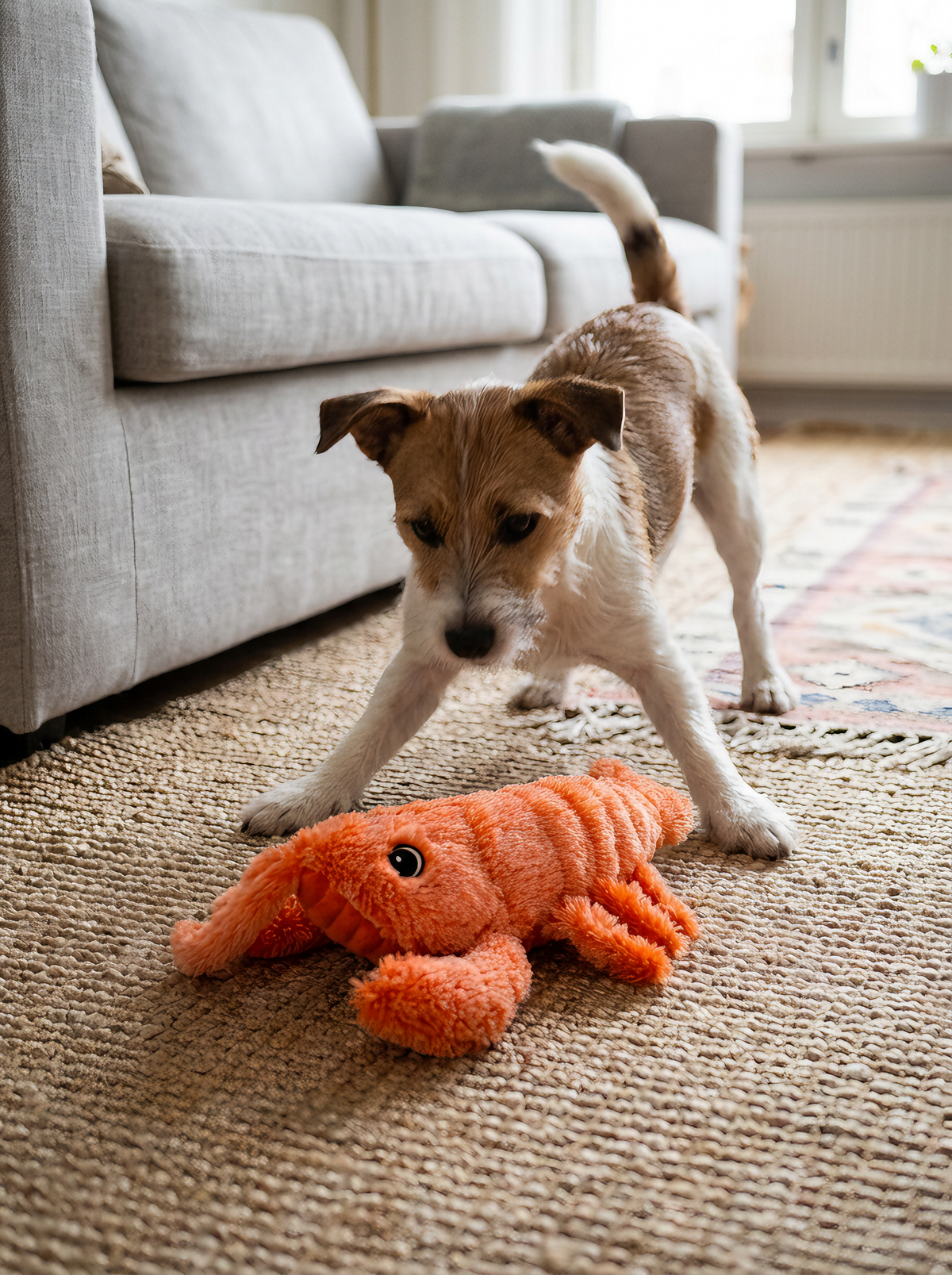 Hund som leker med Sprellende Hummerleketoy