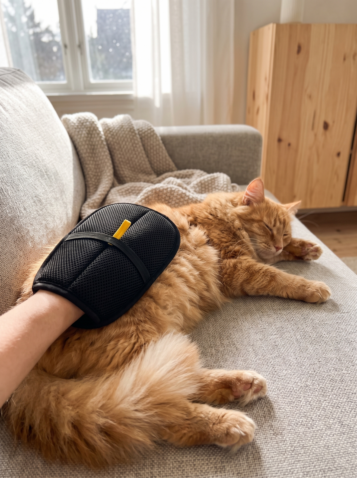 Katt som kles med harfjerningshansken