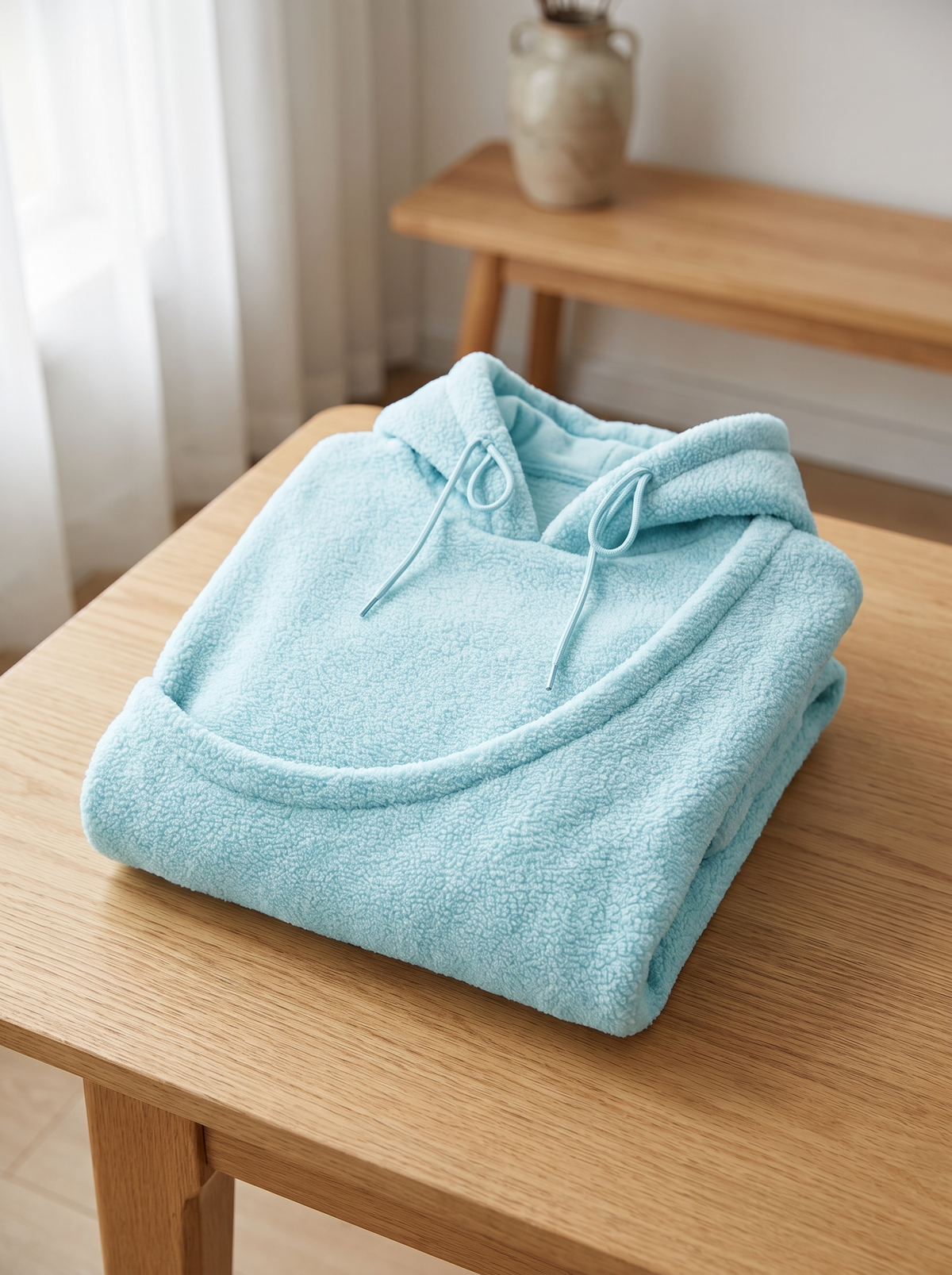 Hoodie med kengurulomme brettet pa et bord