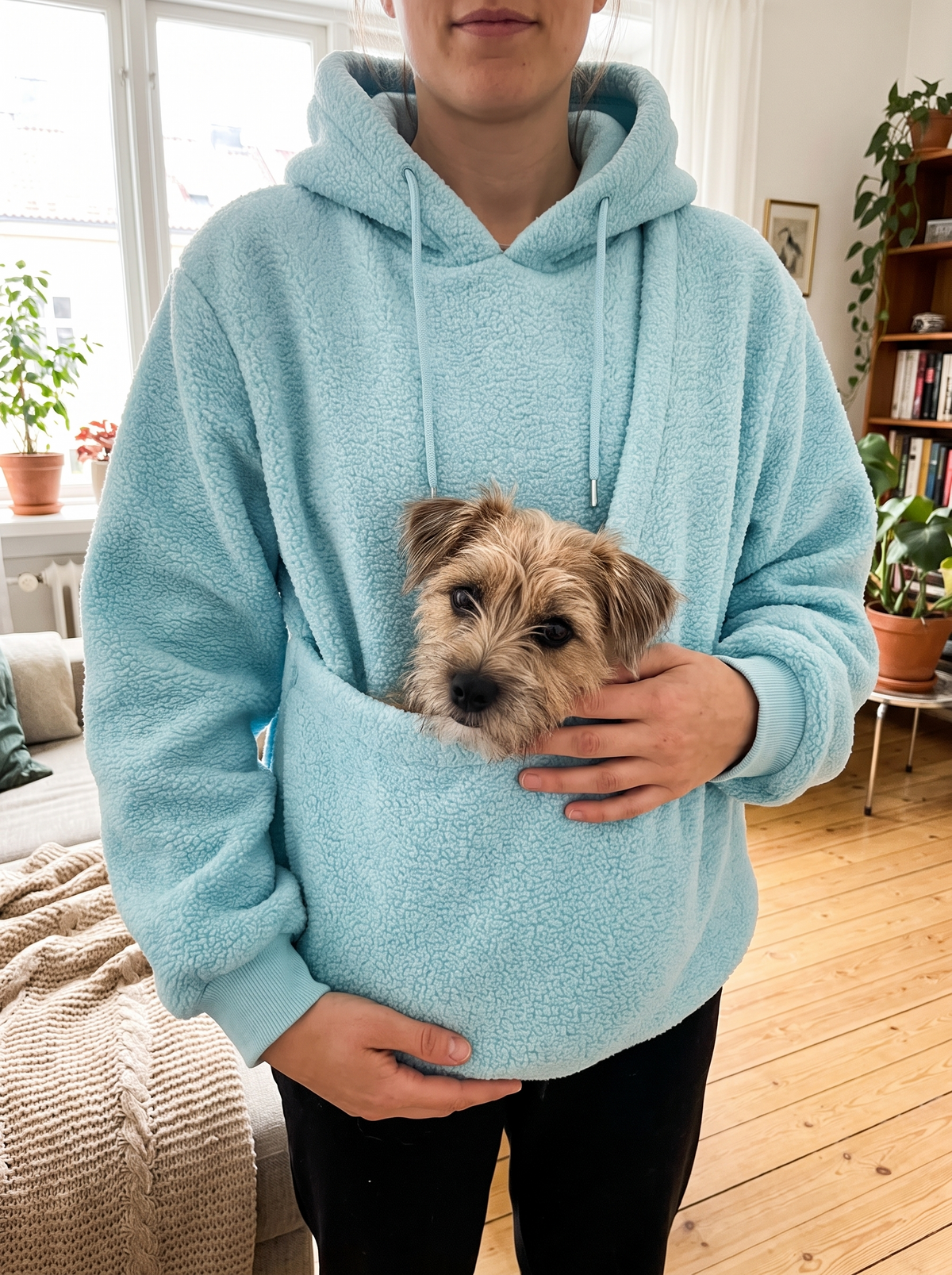 Liten hund som titter ut av kengurulommen