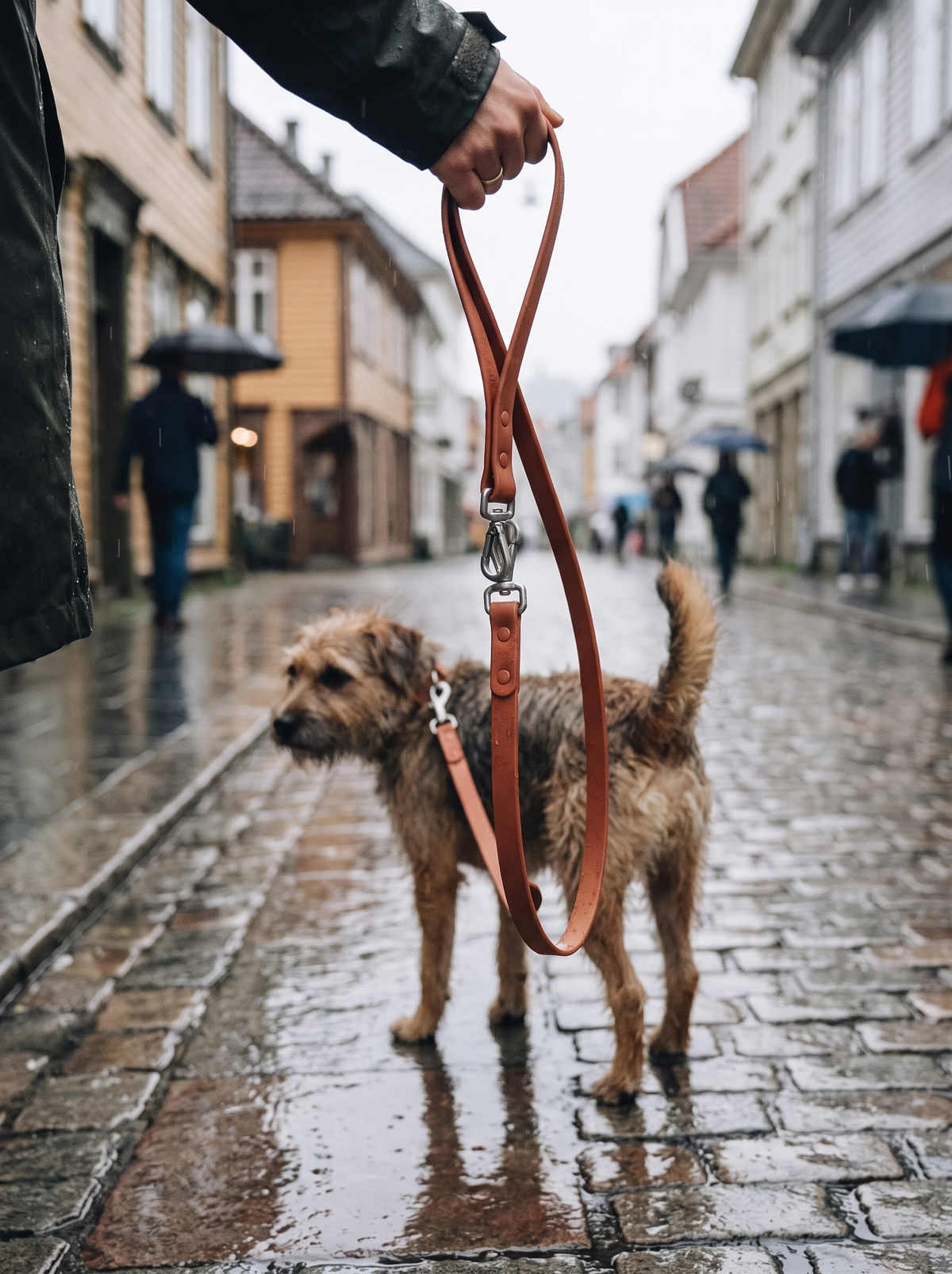 Hund pa regnvaerstur med vanntett hundeband
