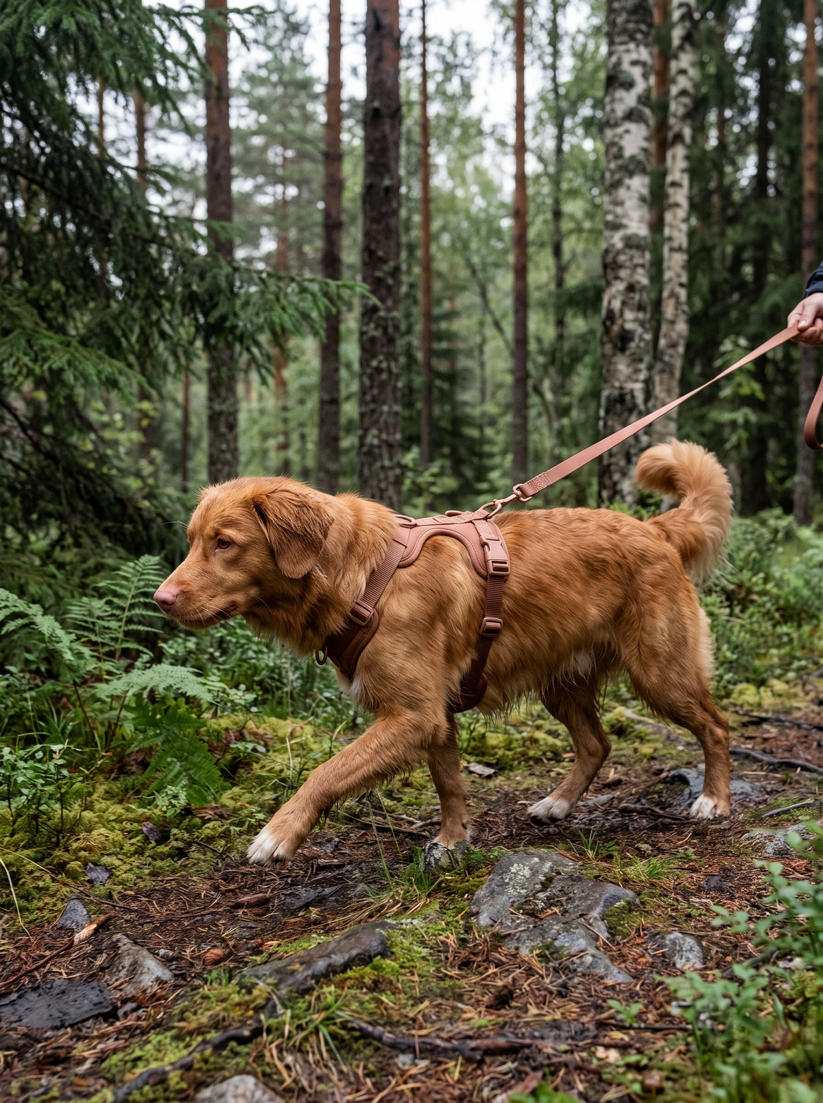 Hund pa tur med polstret hundesele