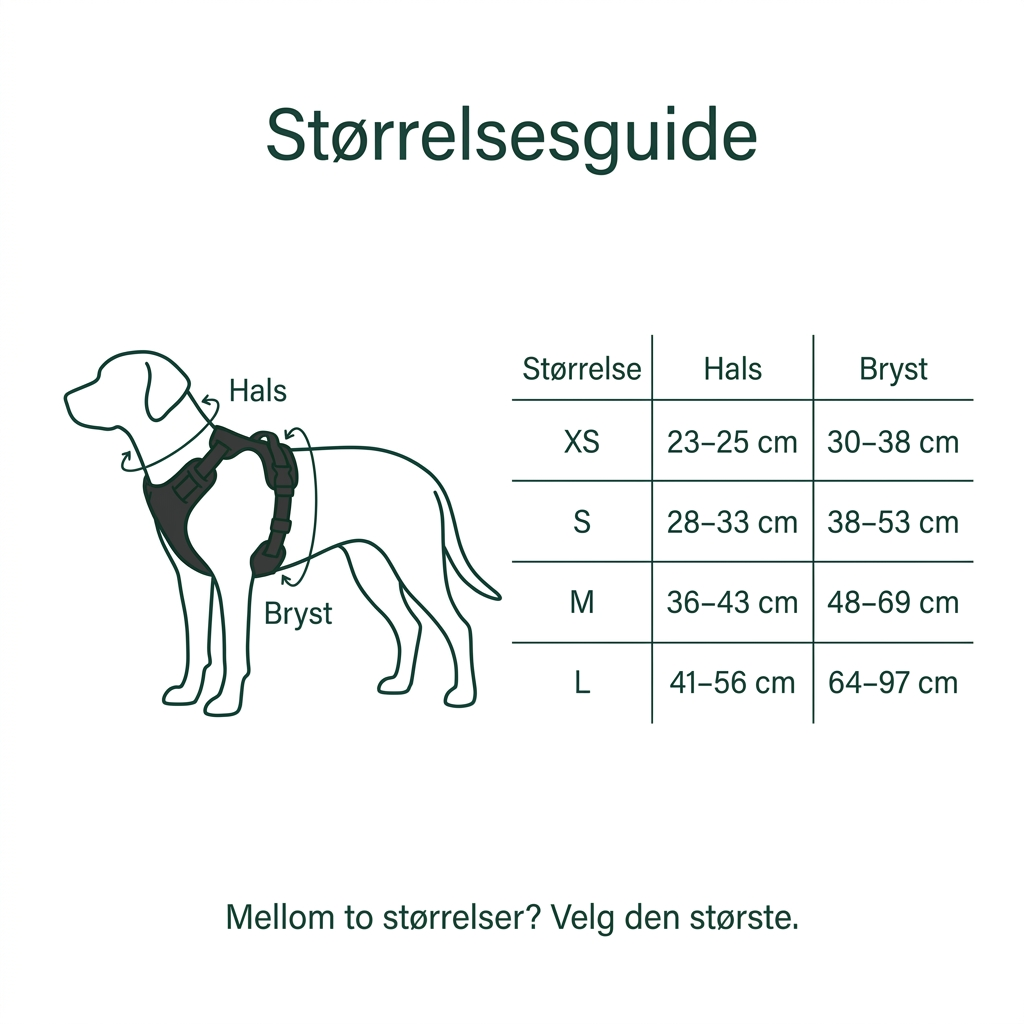 Størrelsesguide for polstret hundesele