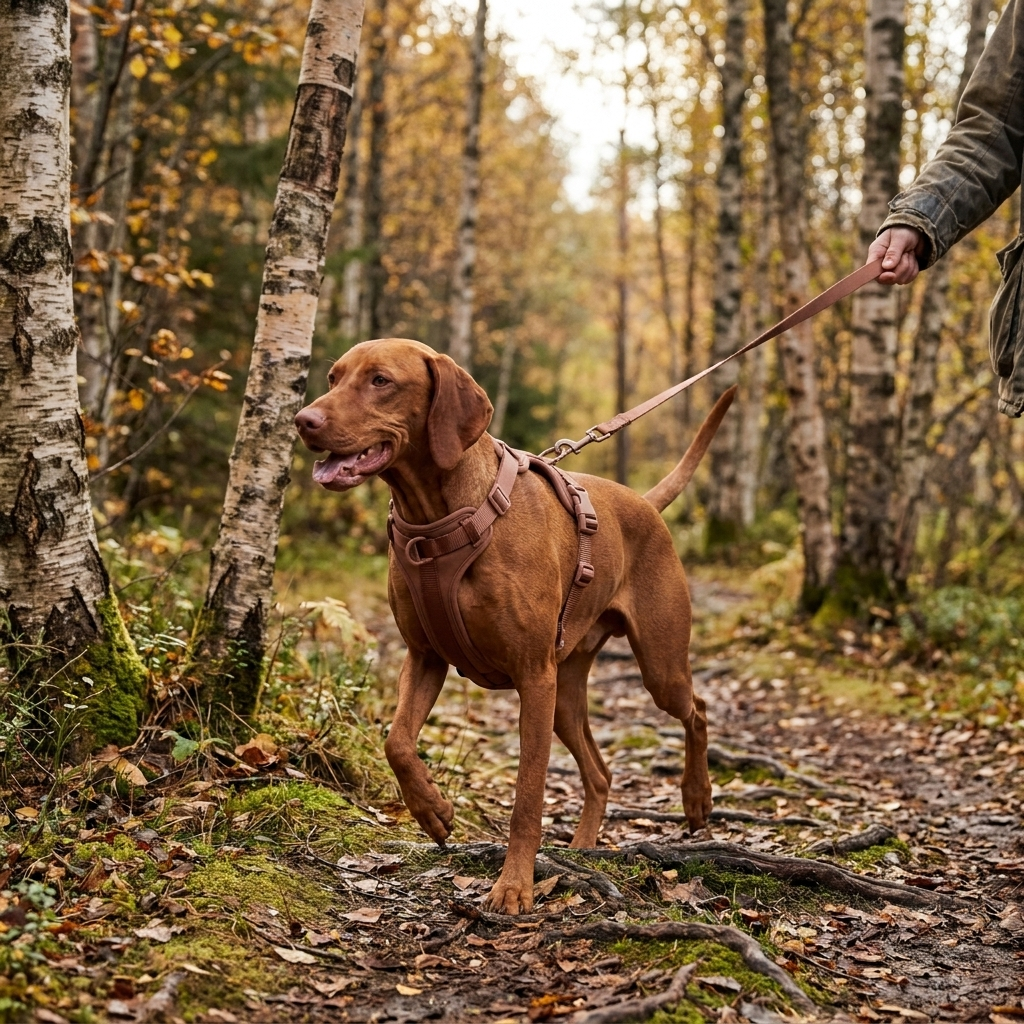 Hund med polstret sele på tur i skogen