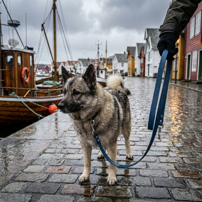 Hund i vanntett bånd på regnvær i byen