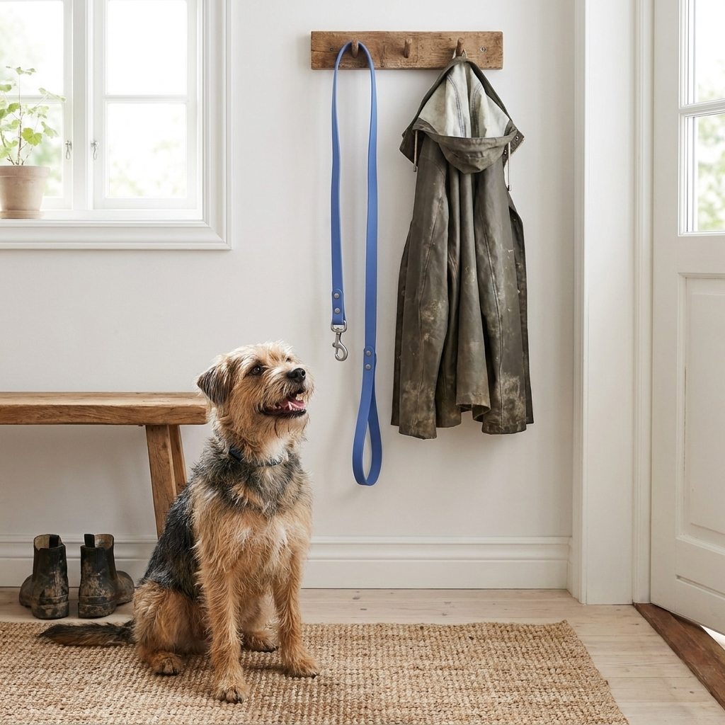 Hundebånd på knagg i gangen, hund klar for tur