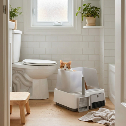 Katt i kompakt kattedo på et lite bad