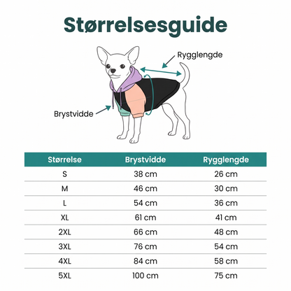 Fargerik hettegenser til hund, størrelsesguide