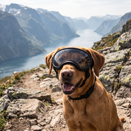 Hund med støtsikre hundebriller på fjelltur – sort
