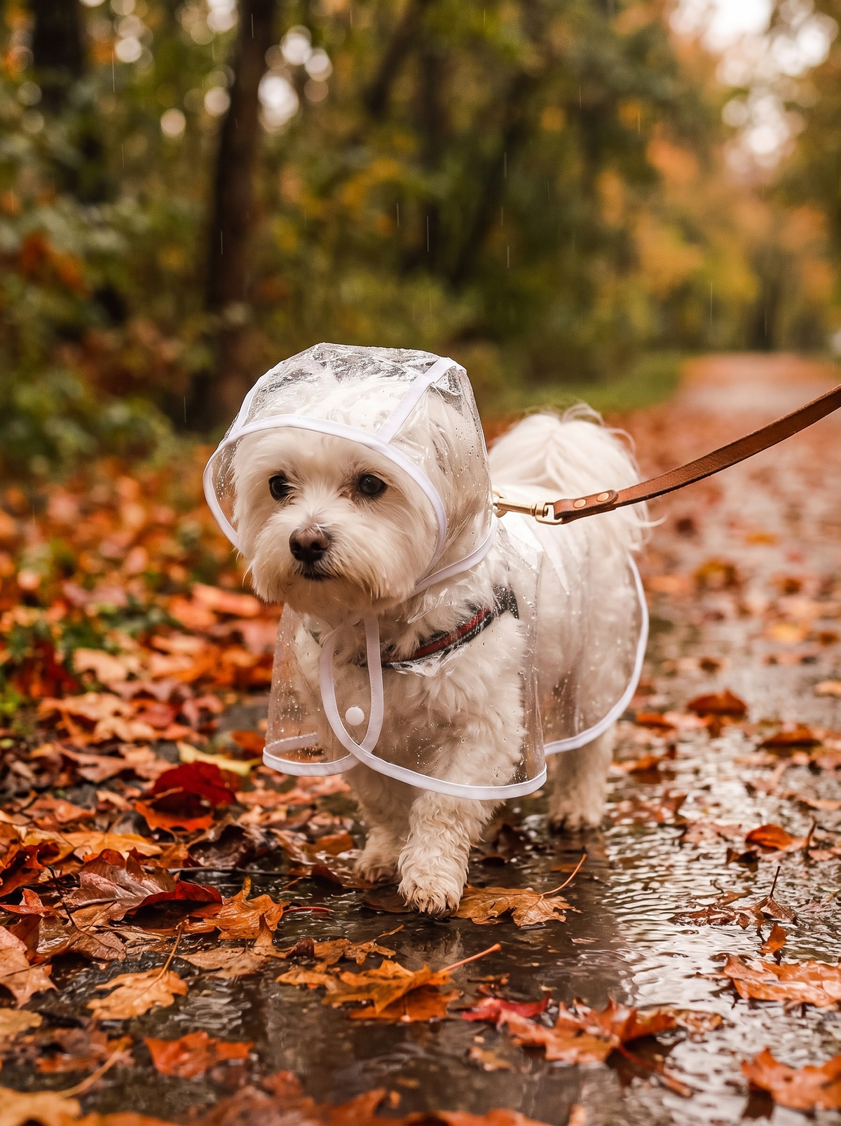Regnjakke til hund, i bruk