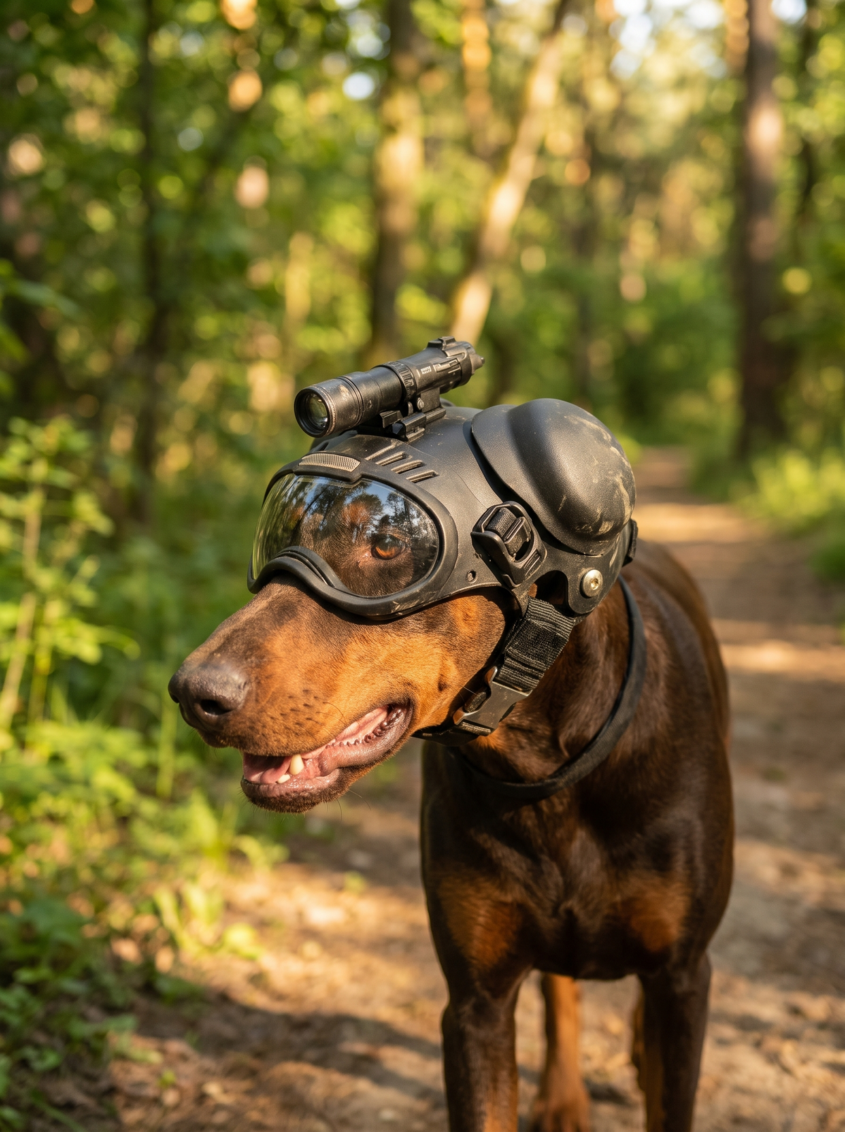 Taktisk hjelm til hund, i bruk