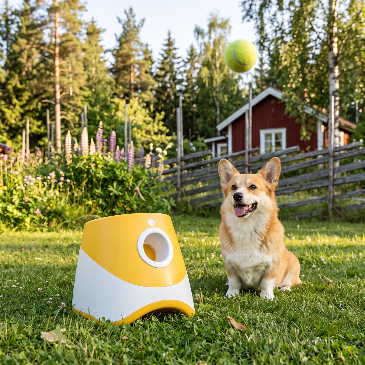 Automatisk ballkaster til hund i hagen med hund