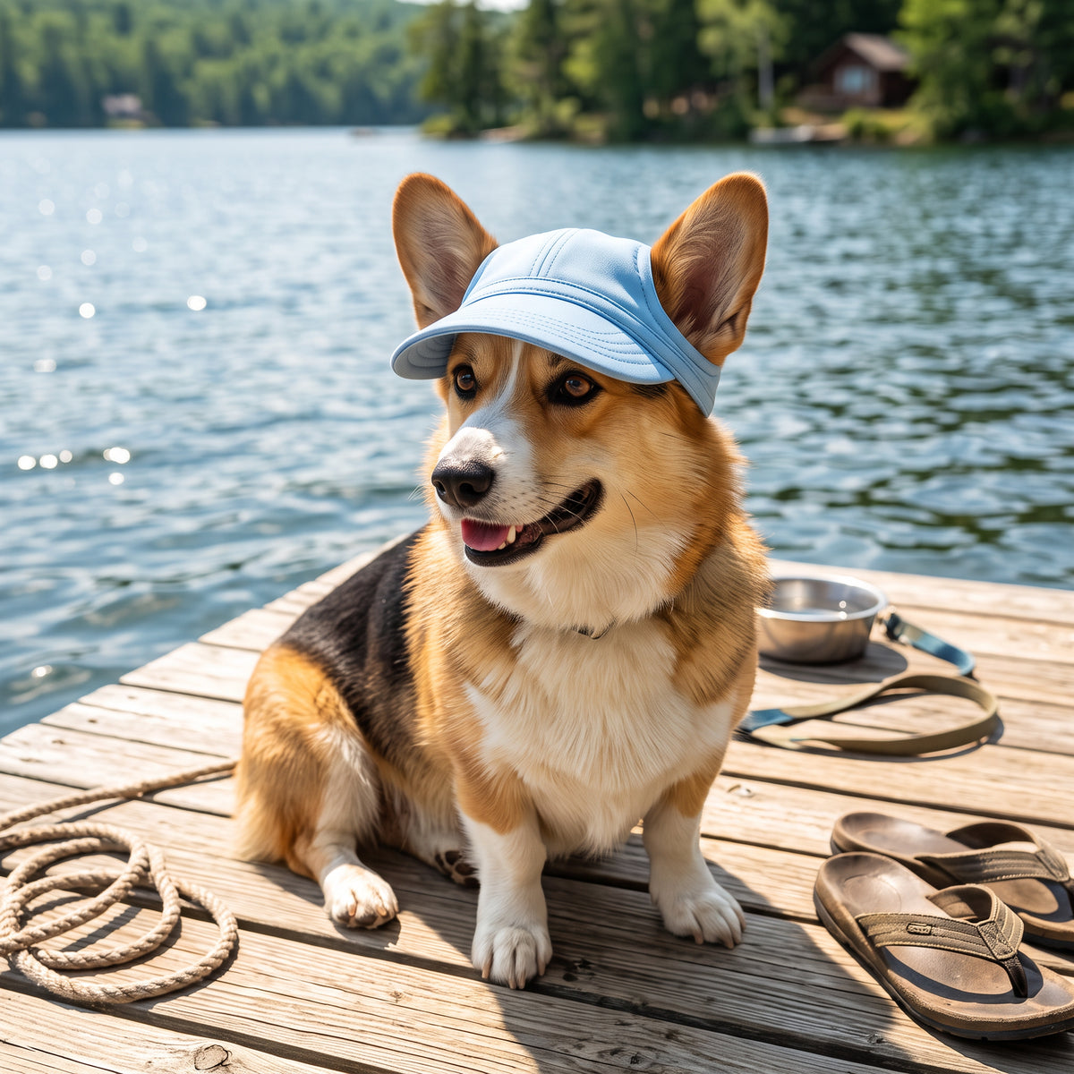 Sporty caps til hund – Lyseblå – livsstilsbilde med kjæledyr