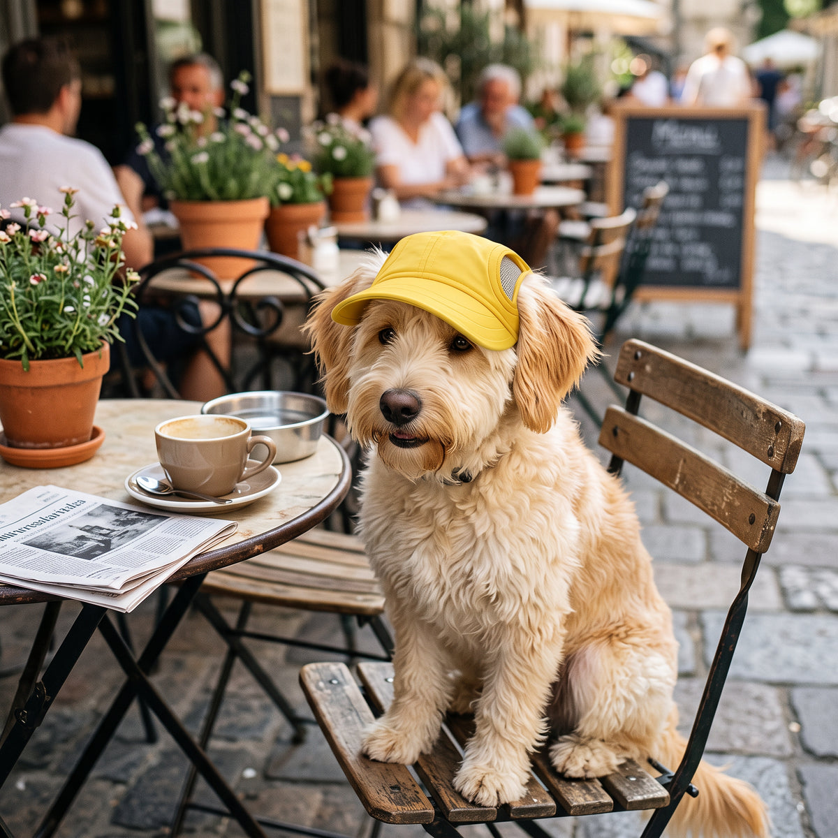 Sporty caps til hund – Knallgul – livsstilsbilde med kjæledyr