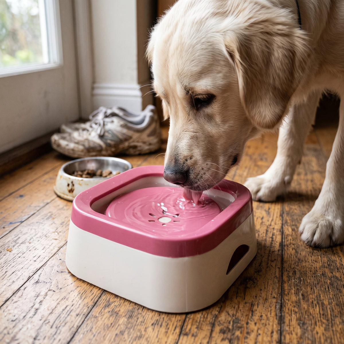 Kompakt drikkeskål for tørre gulv med flytende plate – Rosa