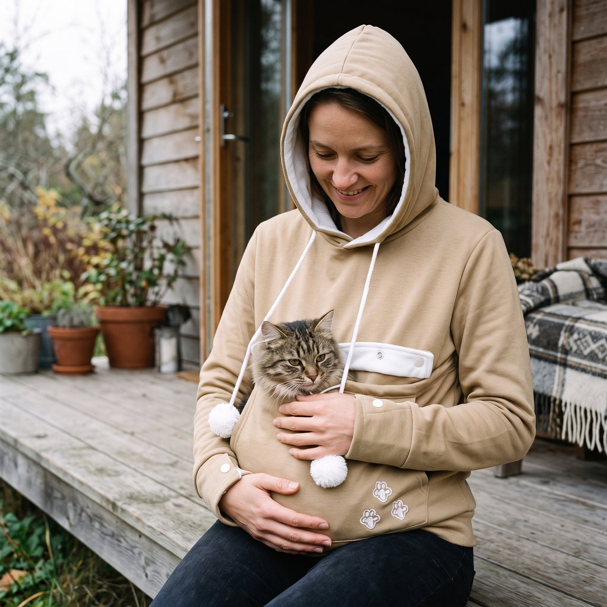 Hettegenser med lomme til katten – Kaki
