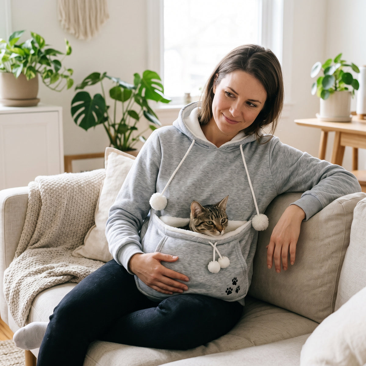 Hettegenser med lomme til katten – Grå