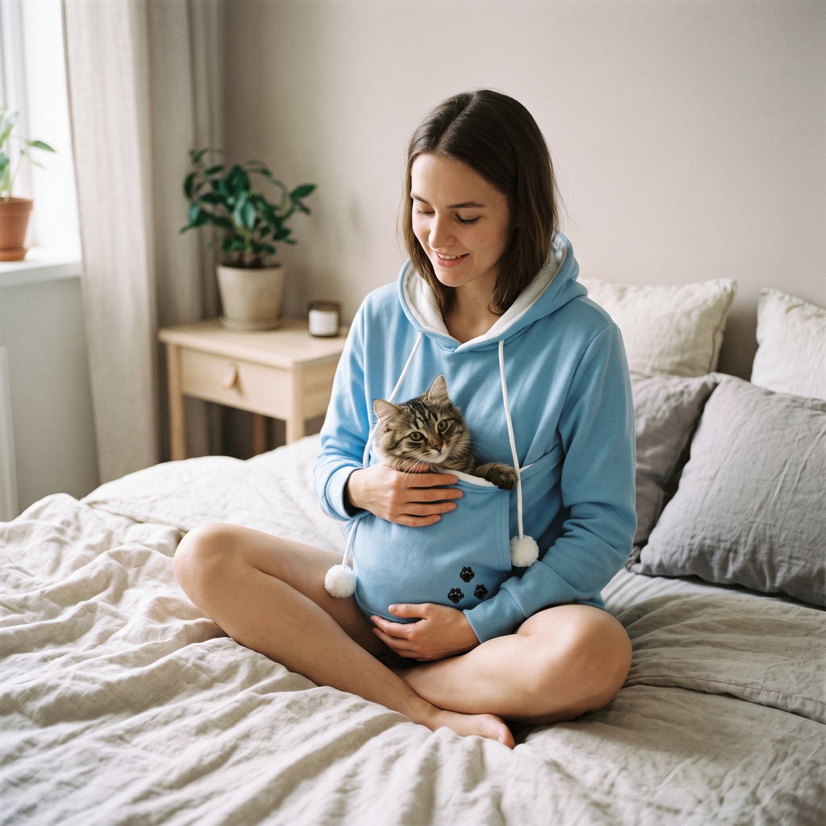 Hettegenser med lomme til katten – Blå