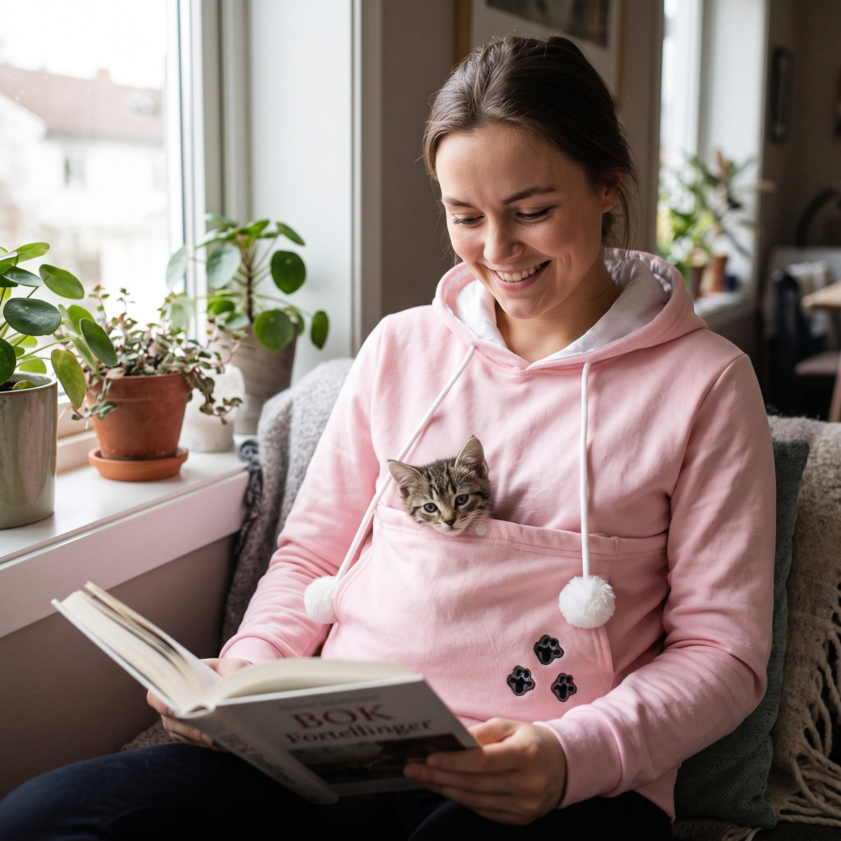 Hettegenser med lomme til katten – Rosa