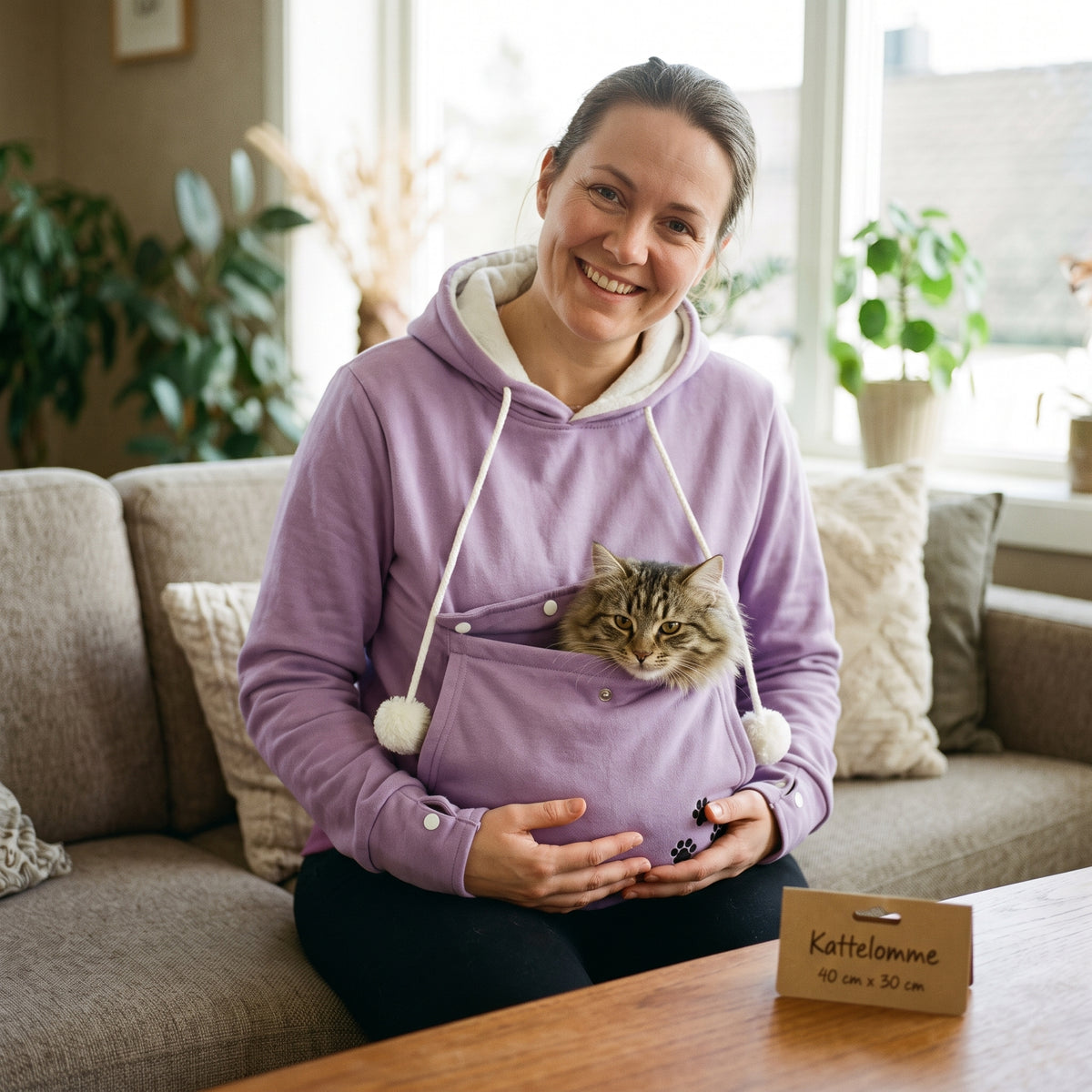 Hettegenser med lomme til katten – Lilla
