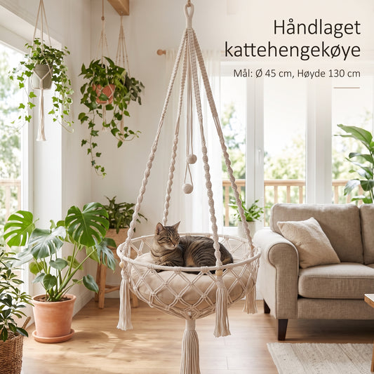 Hengekurv i makramé for katter