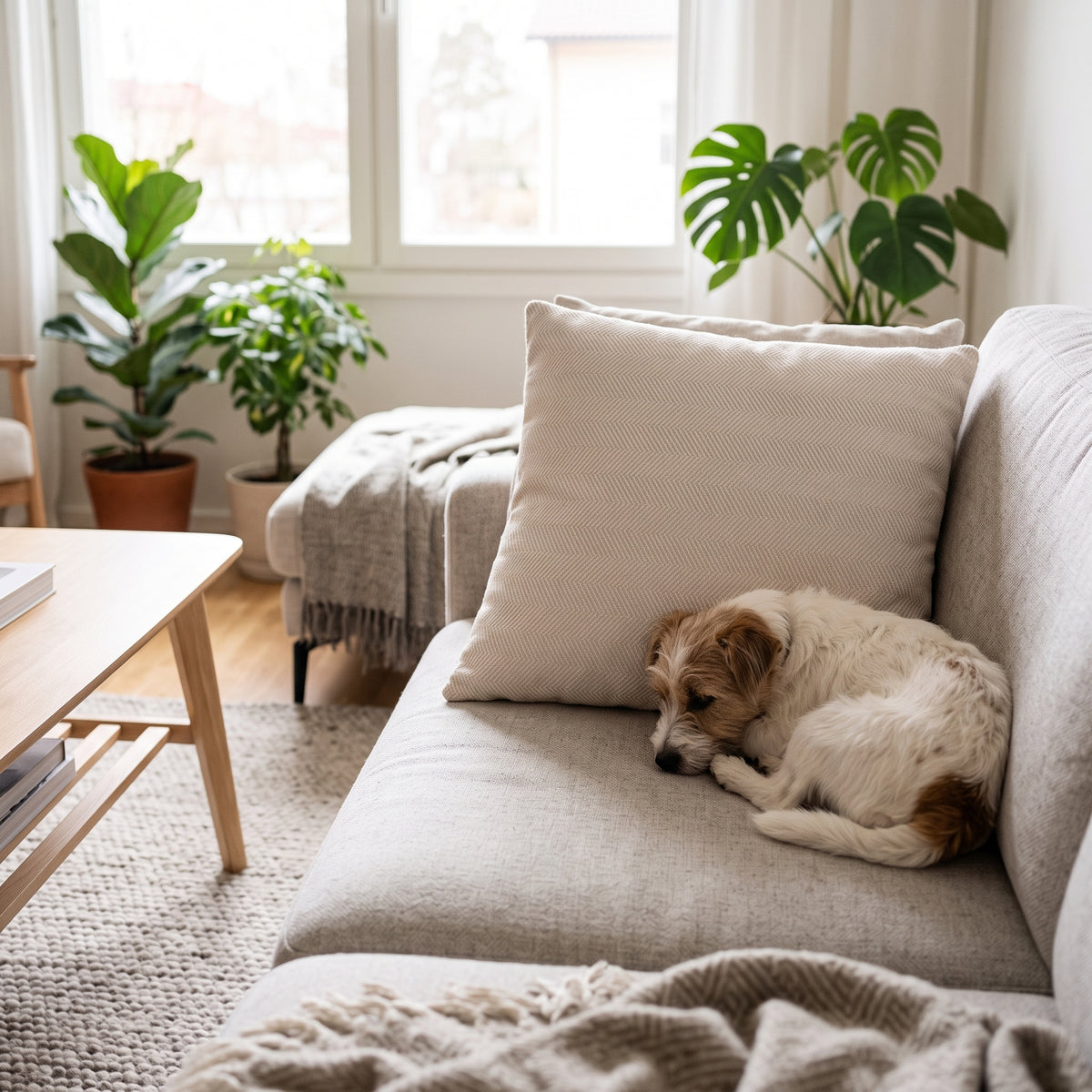 Sofatrekk med sildebeinsmønster – Beige pute