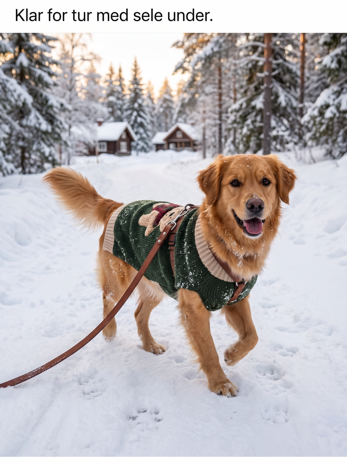 Hund i julegenser på vintertur med sele